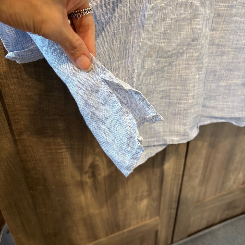 French Curve Linen shirt dress Small Tunic Cover up Blue Long Roll Tab Sleeves - Picture 7 of 12